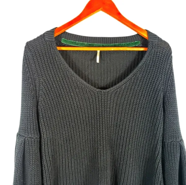Free People Damsel Knit Black Sweater Top Bell Sleeve V-neck Size S - Image 6