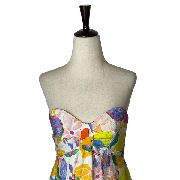 FORE Maxi Dress Women Large White Yellow Strapless Fruit Floral Tie Back Boho - Image 4