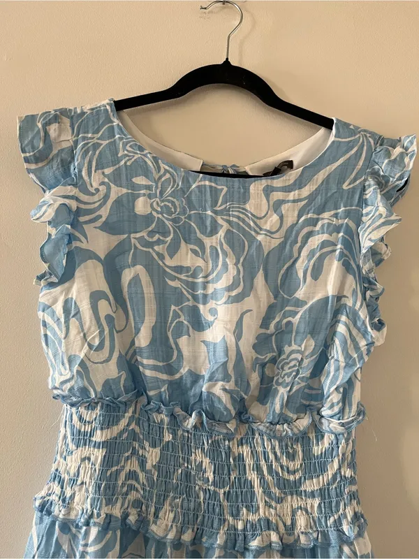 Blue White Swirl Print Smocked Waist Ruffle Mini Dress Small Coastal Vacation - Image 2