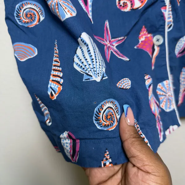 Printfresh Women Cotton Pajama Top XS Blue Seashell Starfish Button Front Pocket - Image 6