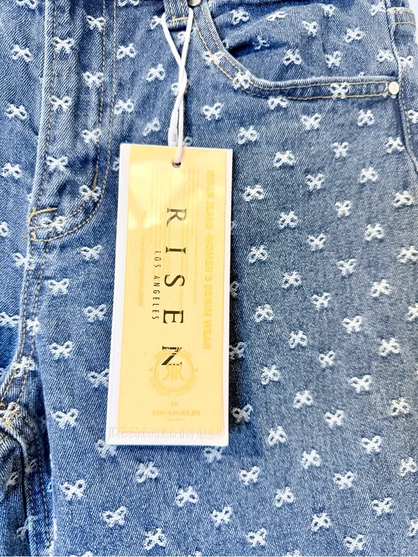 Risen Jeans 5/27 Wide Leg Blue Denim White Bow Embroidery NWT - Image 2