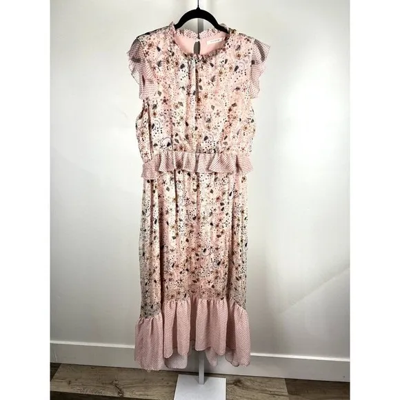Ellison Pink Floral Polka Dot Mixed Print Ruffle Tiered Midi Dress Size L - Image 11