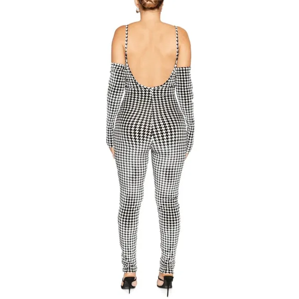 Naked‎ Wardrobe Black White Velour Houndstooth Jumpsuit Large NWT - Image 2