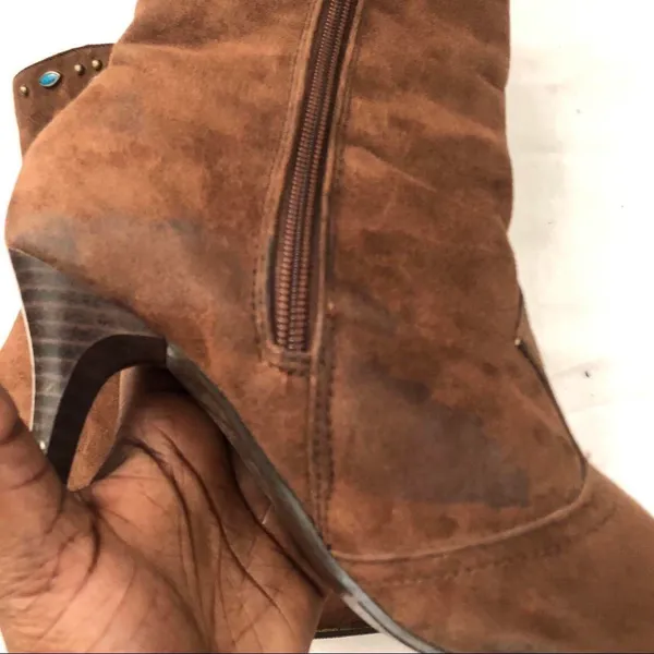 Y2K Western Boho Hippie Indie Gypsy Rave Festival Cowgirl Faux Suede Leather Kitten Ankle Boots Brown Pointed Toe Faux Turquoise Mid Calf 3” Stiletto #Coachella #Bohemian #Fantasy #Vintage #Whimsygoth 2000s Sz 6 - Image 7