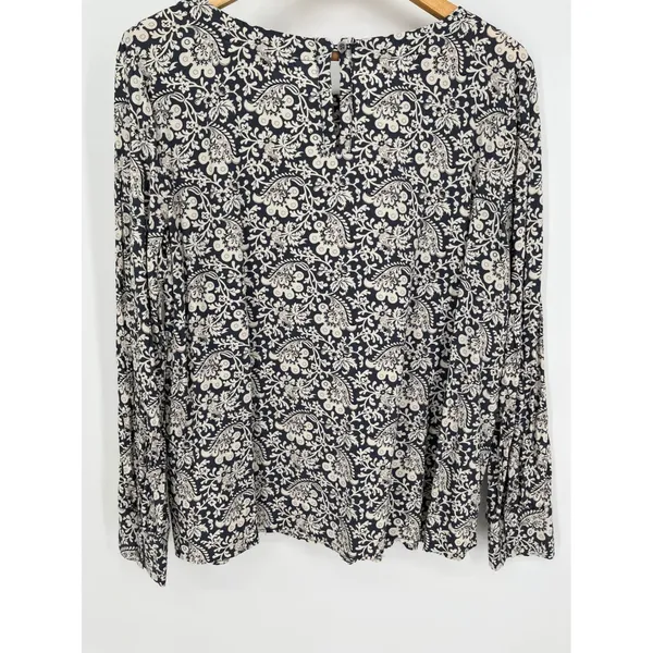 LOFT Blouse Women L Navy Blue White Floral Paisley Long Sleeve Keyhole Back - Image 2