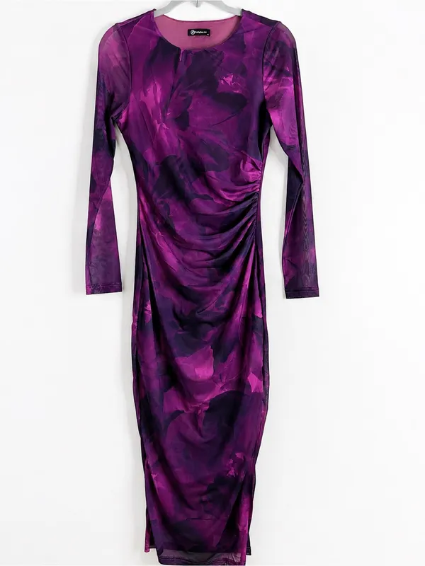 PrettyGarden Purple Floral Ruched Mesh Midi Dress Long Sleeve Sz S Date Night - Image 2