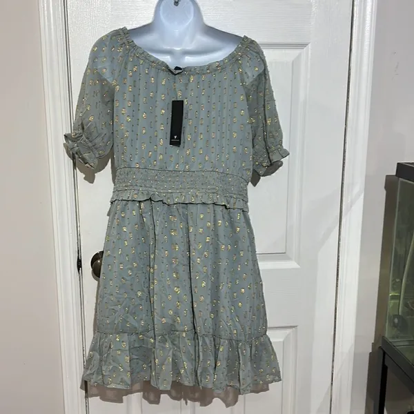 NWT Lulu’s Touch of Glam Dusty‎ Blue Dotted Off-the-Shoulder Mini Dress size L - Image 10