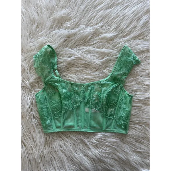 Victoria’s Secret Boho Floral Embroidery Cap Sleeve Corset Top Clueless Green M - Image 3