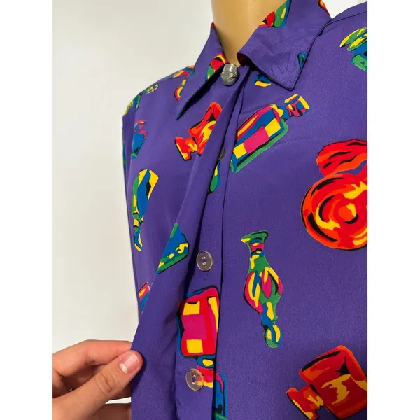 Chaus Vintage 80s Purple Perfume Bottle Print Button Down Blouse Womens Medium 6 - Image 7