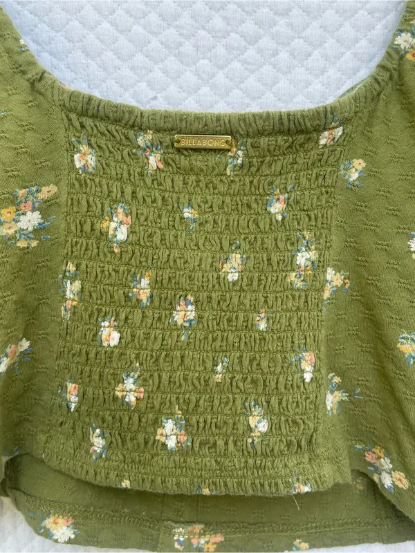 Billabong Sweet Memory Women’s L 12 Green Floral Puff Sleeve Crop Top NWT - Image 6