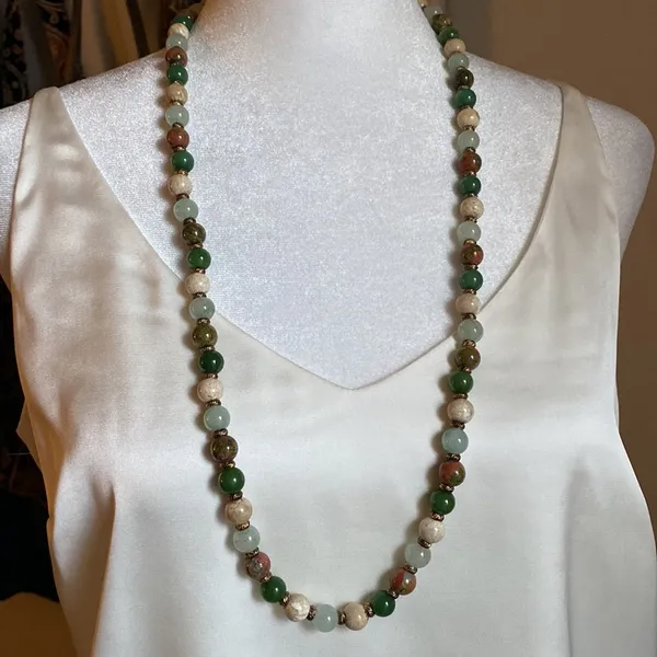 Long Mixed Jasper Agate Stone Bead Strand Necklace with Etched Copper Spacers - Image 5