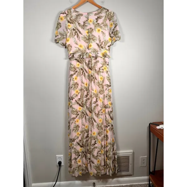 Skies Are Blue Maxi‎ Dress Women Small Pink Tropical Palm Floral Pleated Ruffle - Image 4
