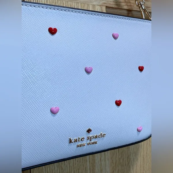 kate spade Pink Madison Heart Studs Pouch Gold Chain Strap Powdered Sugar NWT - Image 5