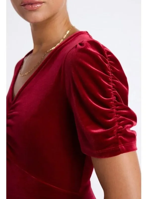 Time and Tru Womens Size Medium 8-10 V-Neck Puff Sleeve Velvet Velour Mini Dress - Image 3