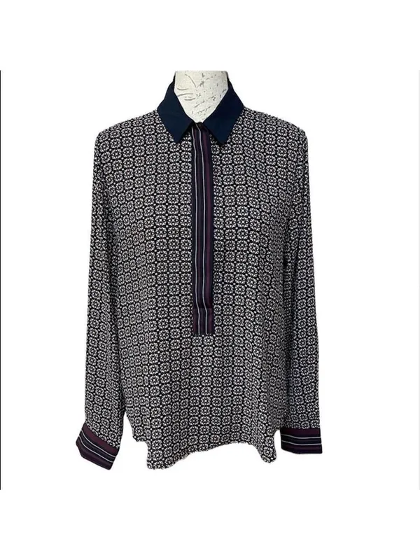 LOFT half button Hanley top tunic blouse shirt Geometric print burgundy Sz M - Image 2
