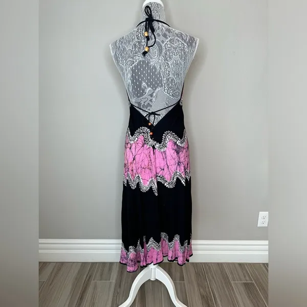 Resort Style Triangle Top Backless V-Neck Batik Midi Halter Dress Size Small - Image 3