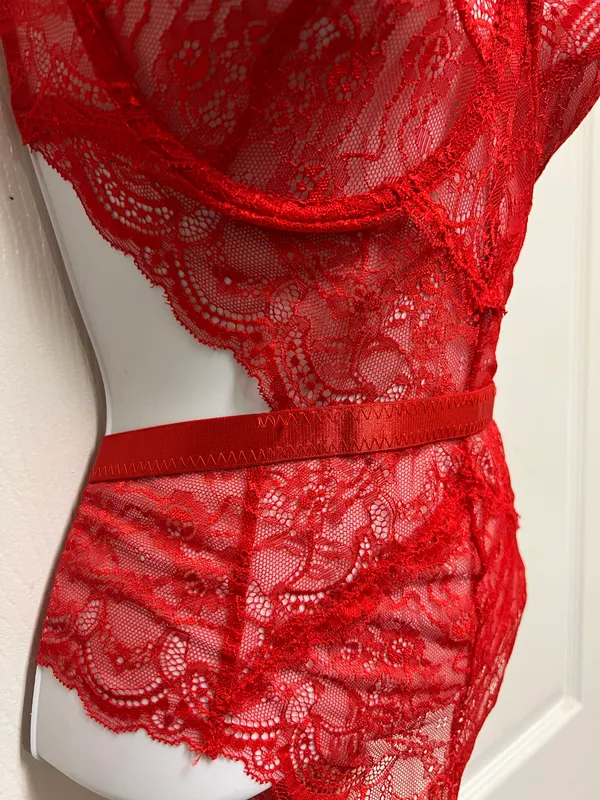 SheIn Red Lace Love Gothic Bodysuit - Image 6
