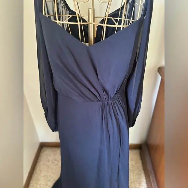 Dessy Collection Vivian Diamond Navy Maxi Dress Off Shoulder Puff Sleeve 14 - Image 12