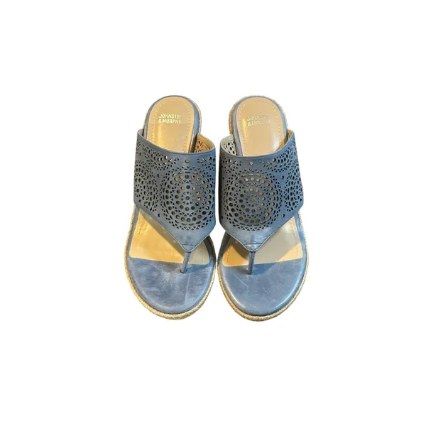 Johnston & Murphy Wedge Sandals Womens 8 Blue Laser Cut Espadrille‎ Thong Mules - Image 11