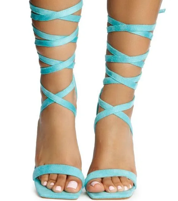 Liliana Blue Suede The Novax Strappy Lace Up Wrap Tie Open Toed High Block Heels - Image 8