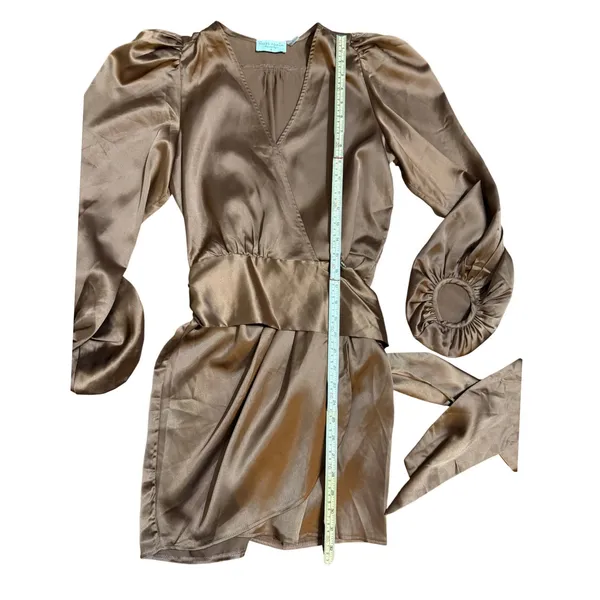 DRESS‎ FORUM Satin Bronze Brown Ruched Sleeve Wrap Mini Dress Sz S - Image 8