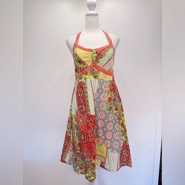 Patchwork Sundress Boho Paisley Print Halter Neckline Pura Vida Lightweight - Image 2