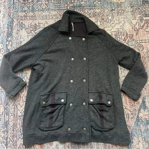 Free People Slouchy Peacoat Charcoal Gray Double Breasted Jacket Size Small - Image 9