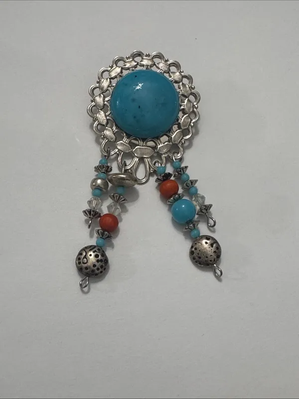 Vintage Turquoise& Coral Dangle Brooch — Silver-Tone Women’s Jewelry - Image 10