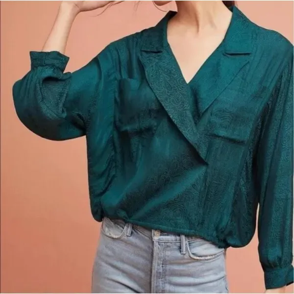 Anthropologie Maeve Almeria Emerald Green Paisley‎ Blouse Sz Small - Image 2