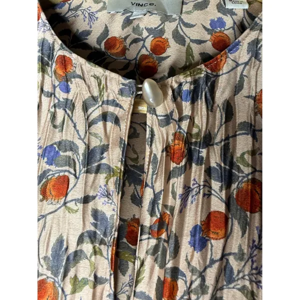 Vince Womens Pomegranate Floral Pleated Long Sleeve Blouse Tan Orange Small - Image 3