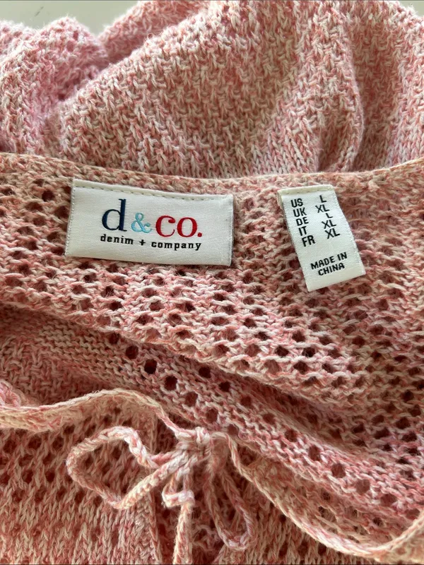 Denim & Company Light Pink Knit Tie-Neck Pointelle Sweater Size Large - Image 6