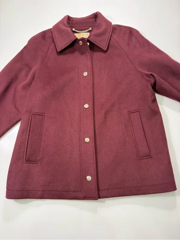 Michael Kors Wool Blend Wine Red Single-Breasted Wool Peacoat with Gold Buttons - Image 2