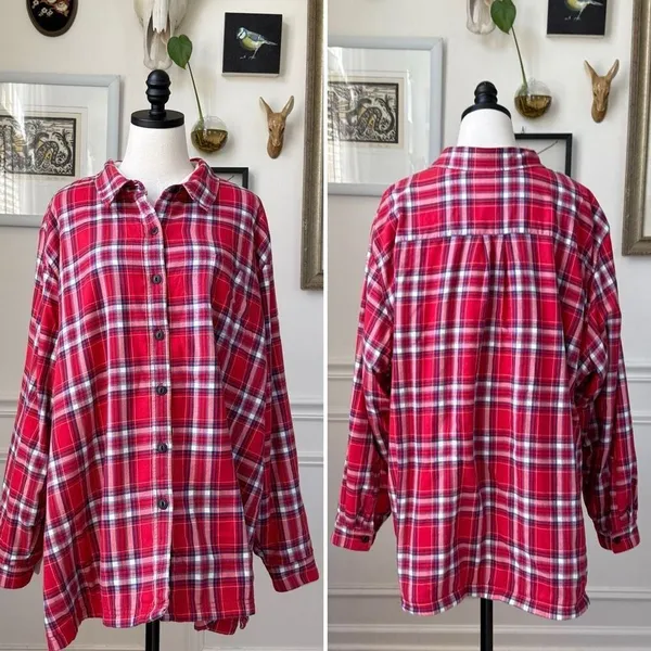 L.L. Bean Women's Fleece-Lined Flannel Shirt Button Up Red Blue Plaid $90 3X - Image 2