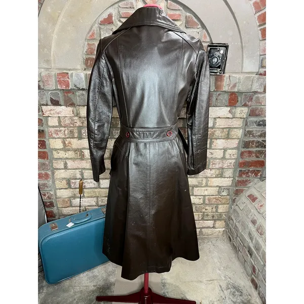 leather trench coat brown double breasted Vintage 1970s sz 7 - Image 10