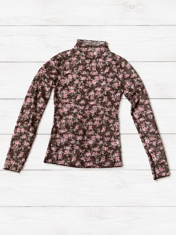 New In Floral Mesh Mock Neck Top Brown‎ Pink Rose Print M - Image 10