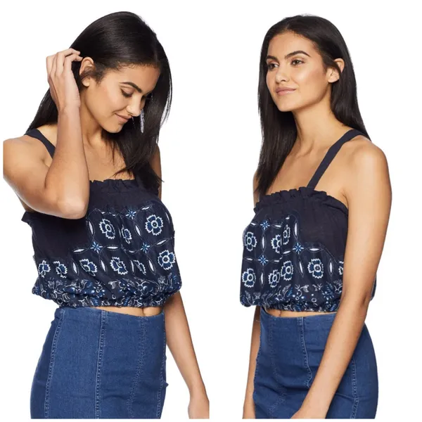 Free People Love Life Bubble Top Womens Size Medium Linen Blend Blue Boho - Image 3
