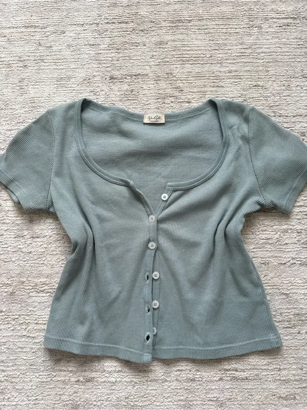 Brandy Melville Sage Green Cropped Button Top (One Size) - Image 3