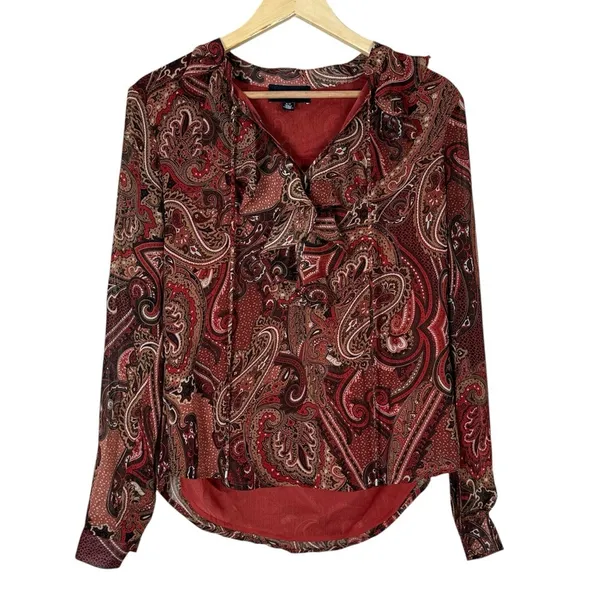 Premise Ruffle Tie Neck Paisley Print Blouse Red Brown Mature Lightweight Size S - Image 2