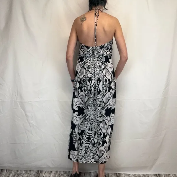 Million Bullpup Paisley Maxi Dress Halter Drop Waist Boho White Navy Small - Image 2