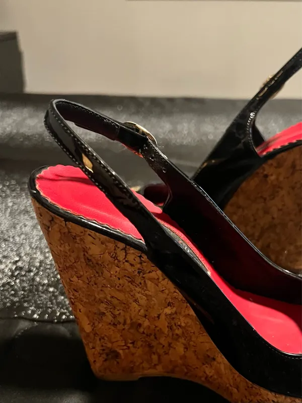 Womens 36 CH Carolina Herrera black slingback high cork platform wedge heel - Image 11