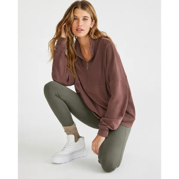Aeropostale Brown Quarter Zip Ribbed Mock-Neck Pullover Sweatshirt Small - Image 3