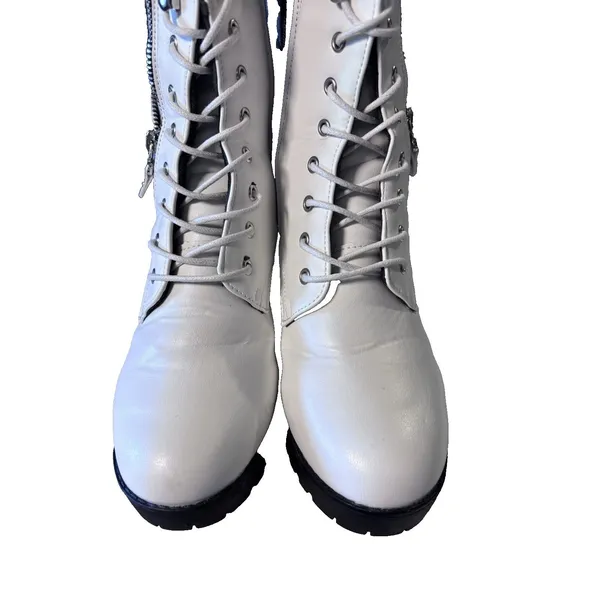 Yoki Womens's Zipper Laces Platform Combat White Black Plaid Chunky Heel Boots 8 - Image 3