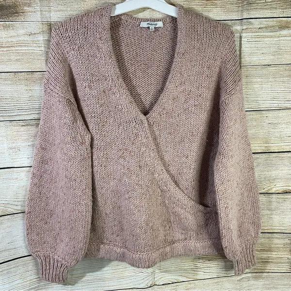 pink chunky knit sweater women size Small wrap front pullover - Image 4