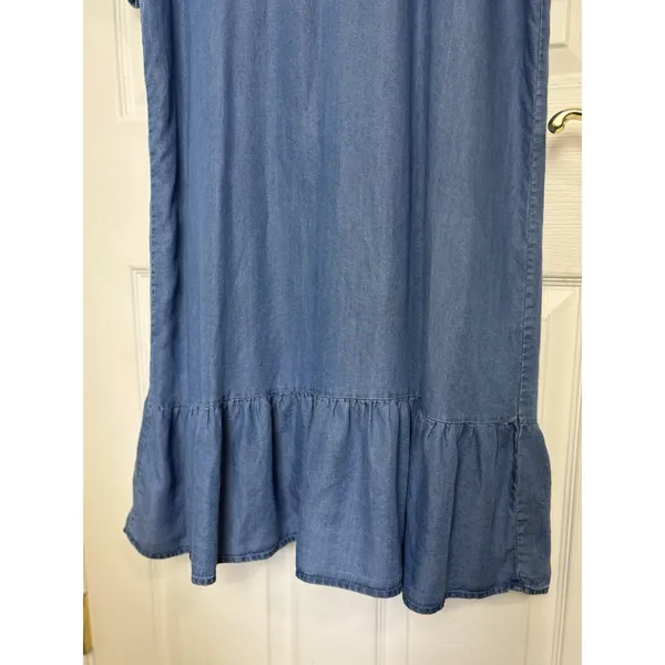 Anthropologie Kindred Chambray Embroidered Denim Mini Dress S Ruffle Hem Prairie - Image 6