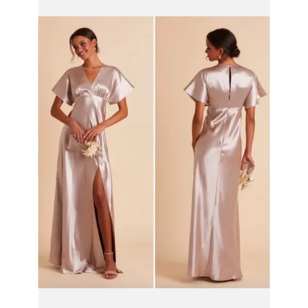 Birdy Grey Jesse Dress Taupe Kimono Satin Bridesmaid Maxi Slit Flattering Small - Image 3