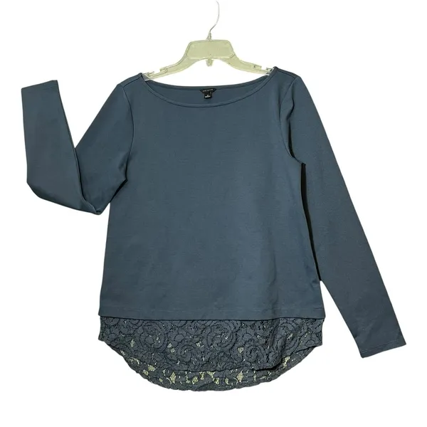 Ann Taylor Shirt Womens Medium Blue Lace Hem Boat Neck Tunic Long Sleeve Top - Image 2