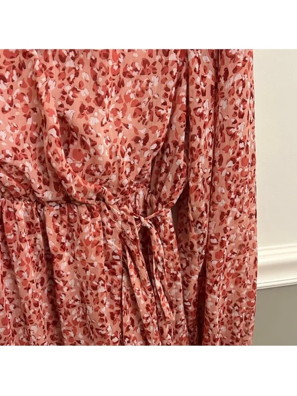 Chelsea 28 Pink White Floral Faux Wrap Long Sleeve Feminine Chiffon Dress Medium - Image 6