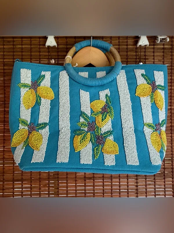 Sol and Mer Beaded Lemon Stripe Canvas Tote Crossbody Bag NWT - Image 3