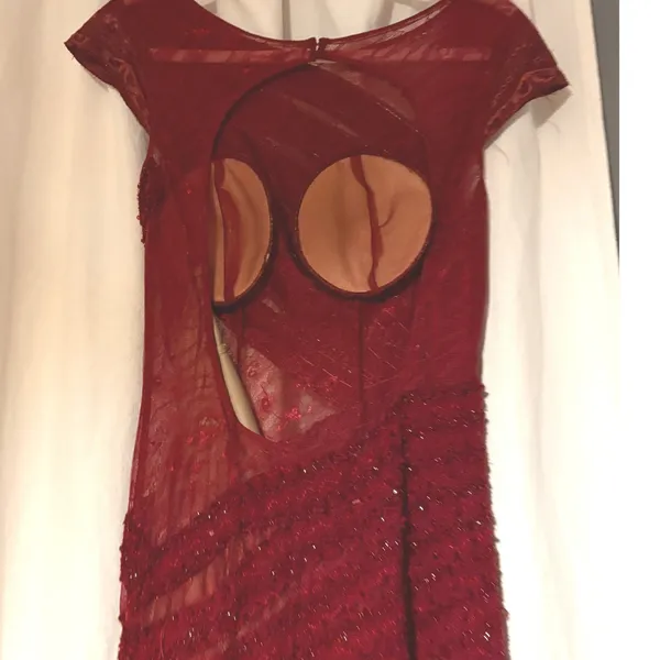 Azzure Couture Burgundy Beaded Lace Open Back Mermaid Evening Gown Dress 6 - Image 6
