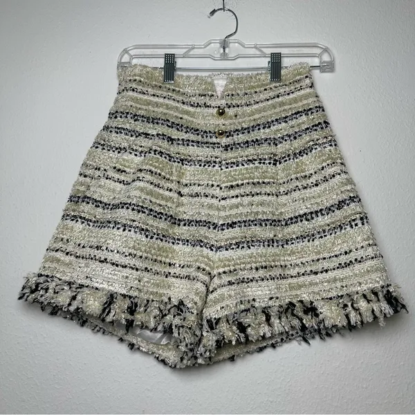 Elegant Wool Blend Golden High Waist Festive Striped Fringe Shorts in Size L - Image 2